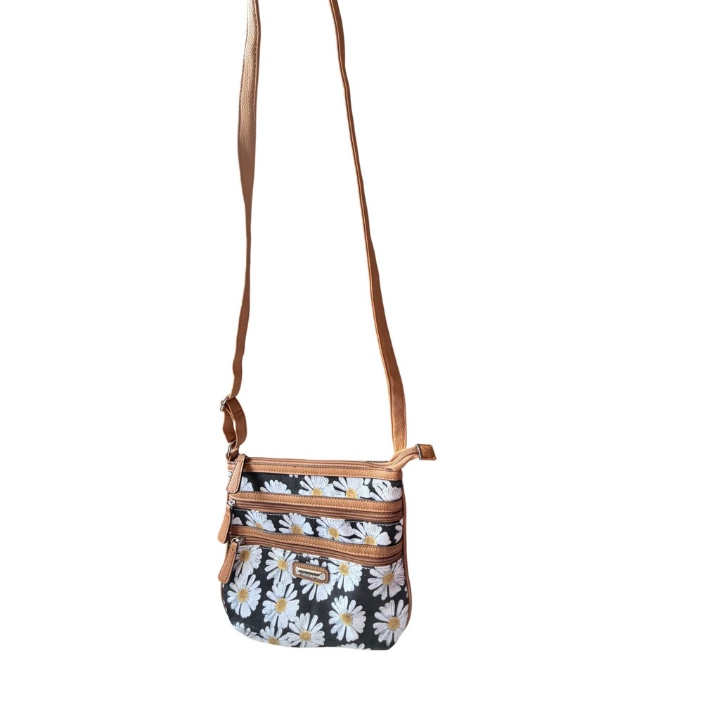 Rosetti Womens Daisy Floral Crossbody Bag Black Brown Canvas Triple Zip Purse - Picture 5 of 7